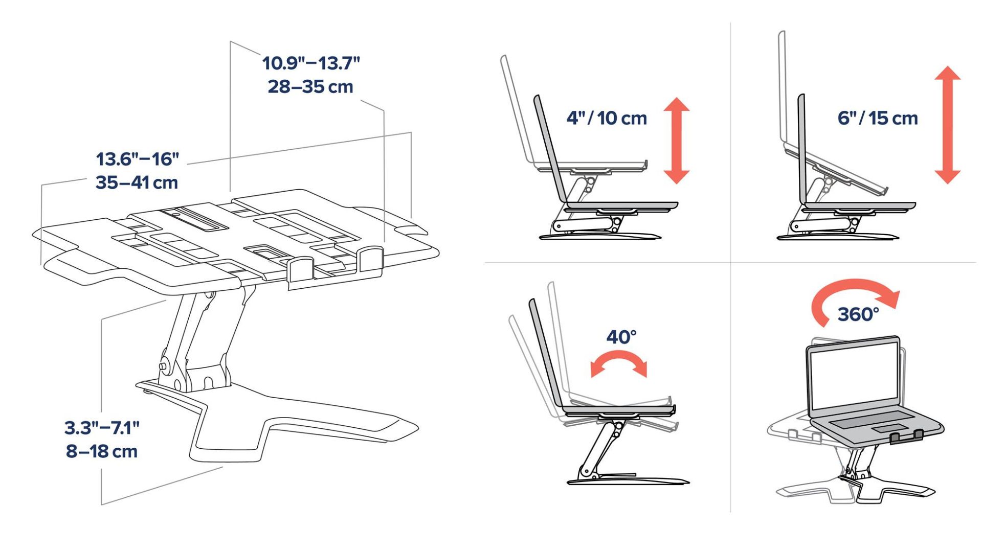 Mouvements et dimension du support de laptop Neoflex